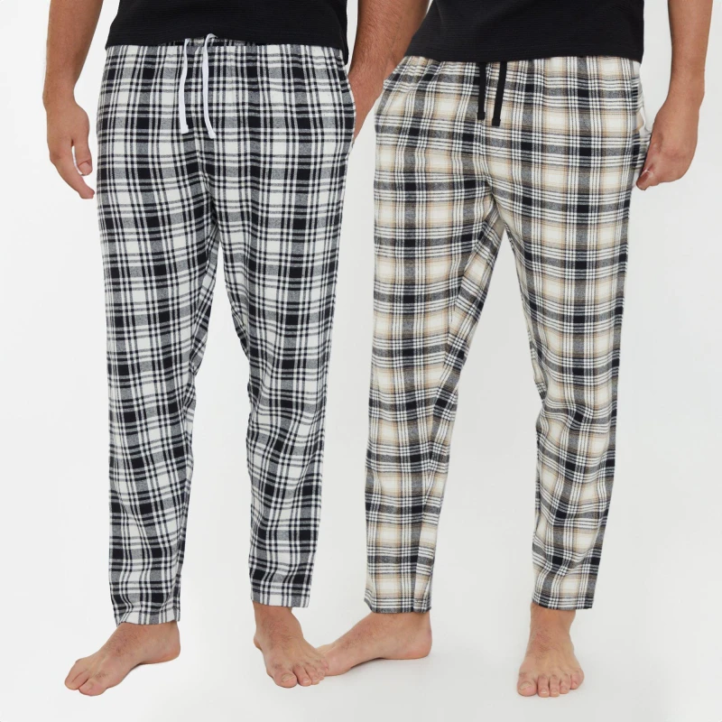 Image of Threadbare 2-Pack Brushed Cotton Flannel Check Lounge Bottoms - Black 2XL