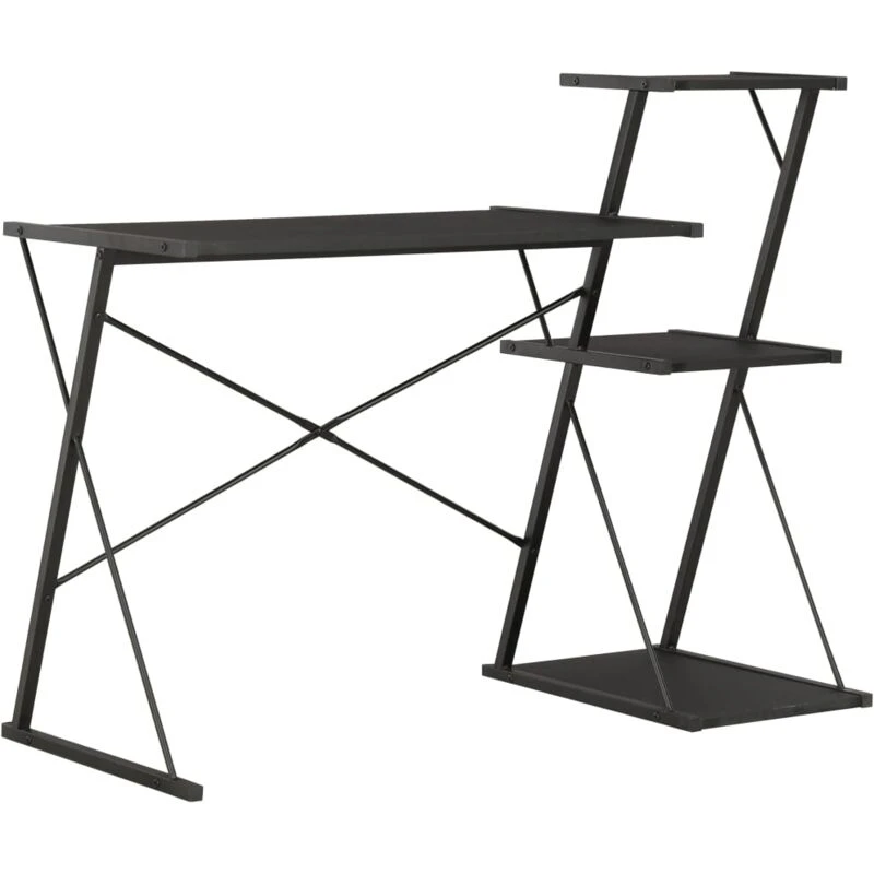 Image of vidaXL Computer Desk with 3 Tier Bookcase X-Shape Legs Black Home Office Desk