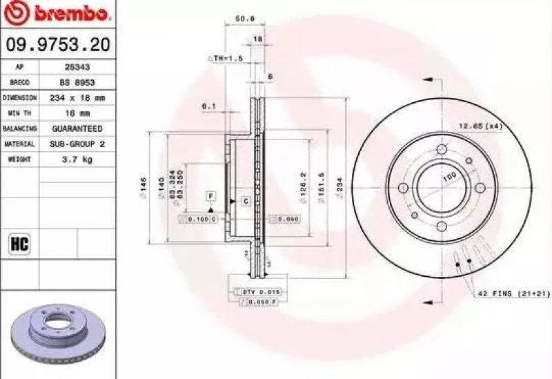 Image of BREMBO 09.9753.21 Brake disc internally vented, Coated, High-carbon Brake Disc (82)