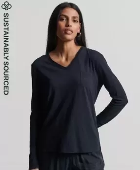 Image of Superdry Womens Organic Cotton Long Sleeve Pocket V-Neck Top Navy / Eclipse Navy - Size: 8