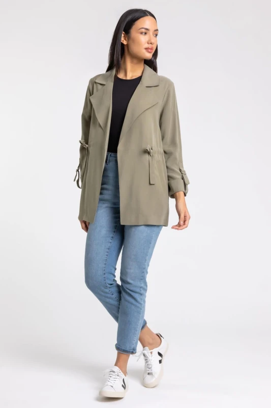 Image of Roman Womens Tie Waist Longline Jacket in Khaki Size: 16 Khaki Female 16
