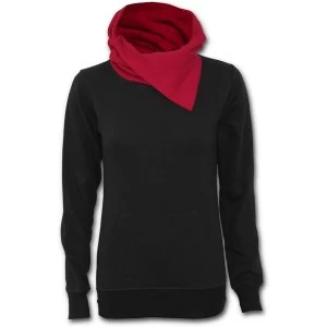 Image of Urban Fashion Shawl Neck Red Hood Kangaroo Womens Large Top - Black