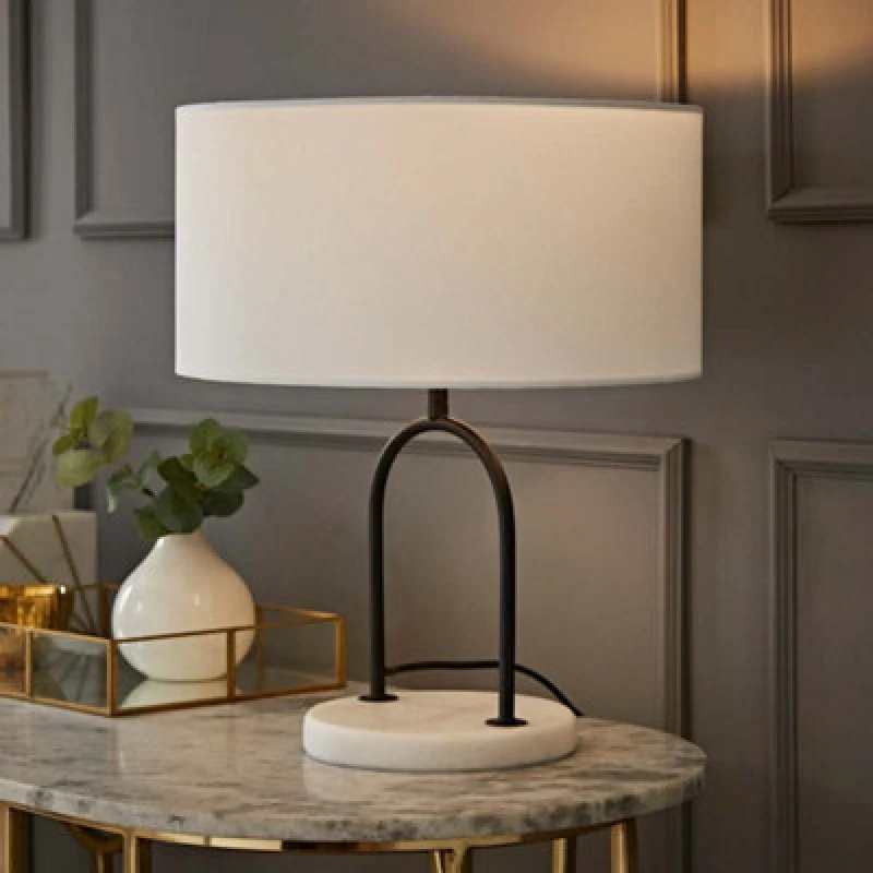 Image of ValueLights ValueLights Rachel Black Arch Marble Base Table Lamp with White Linen Lamp Shade White One Size Unisex 5016529271703