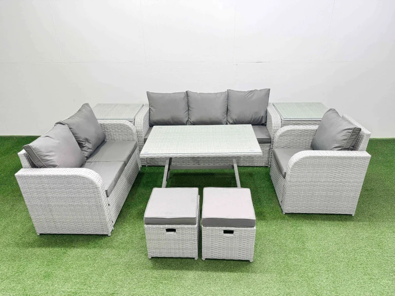 Image of Fimous Patio Dining Table & Chairs Sets with Reclining Chair 2 Side Table in Light Grey Light Grey Unisex