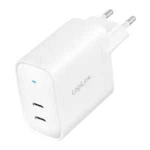 LogiLink USB Wall Charger, GaN, 2-port, 2x USB-CF, 65 W, w/PD, white