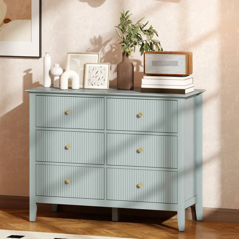 Image of HOMCOM Fluted Chest of Drawers 6 Drawer Dresser for Bedroom Hallway Green Green Unisex