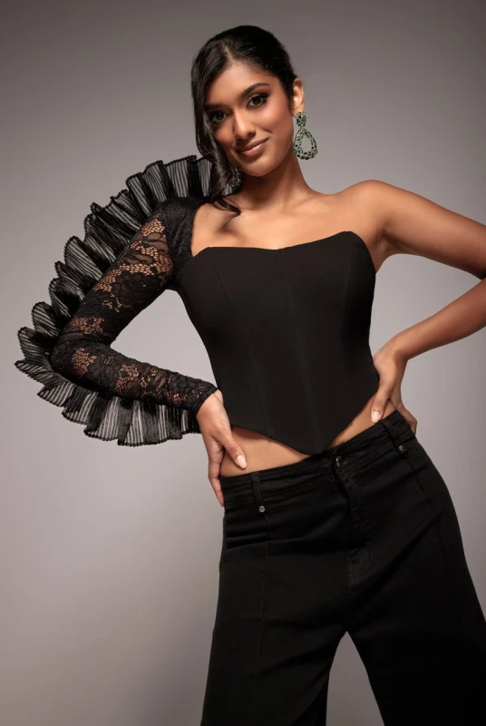 Image of Goddiva Asymmetrical Corset with Pleats and Ruffles Women Goddiva Noir Female 44