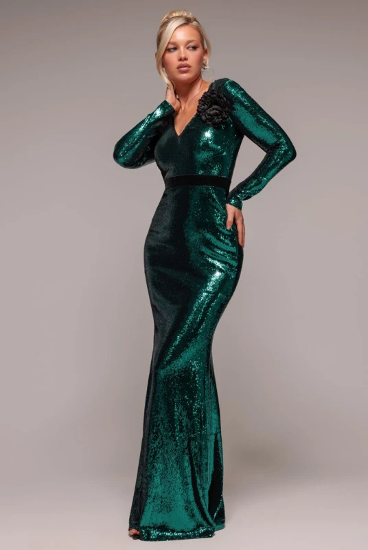 Image of Goddiva Womens Liquid Sequin Corsage Maxi in Emerald Size: 10 Emerald Female 10