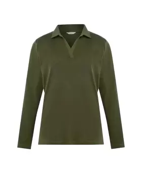 Image of Cotton Traders Womens Wrinkle Free Long Sleeve Jersey Polo Shirt in Green