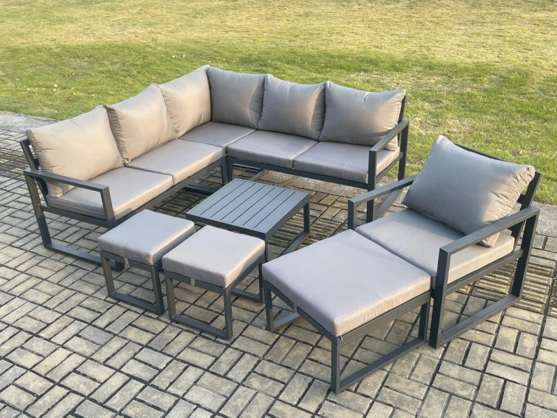 Image of Fimous Outdoor Garden Furniture Set Aluminium Lounge Sofa Square Coffee Table Sets with Chair 3 Footstools Indoor Conservatory Set Dark Grey Dark Grey