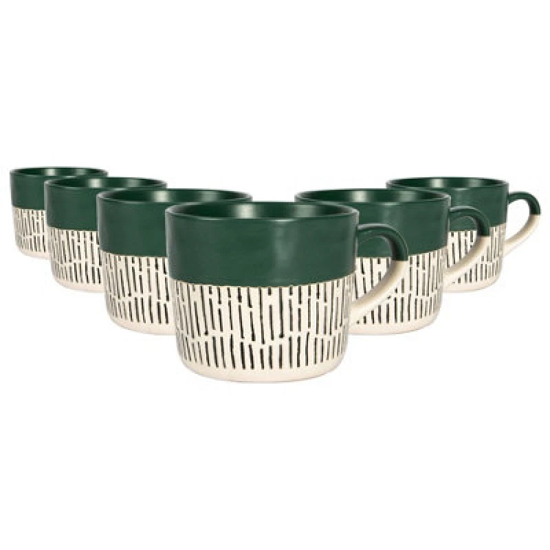 Image of Nicola Spring Ceramic Dipped Dash Coffee Mugs - 475Ml - Sage - Pack Of 6