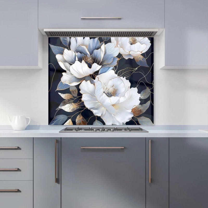 Image of Warren Reed - Designer Elegant Floral Symphony in Blue & Gold Kitchen Splashback in Black Size: 600mm x 750mm Black Unisex 600mm x 750mm