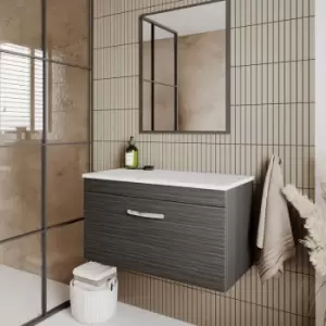 image of Nuie Athena Wall Hung 1-Drawer Vanity Unit with Sparkling White Worktop 800mm Wide - Charcoal Black Woodgrain