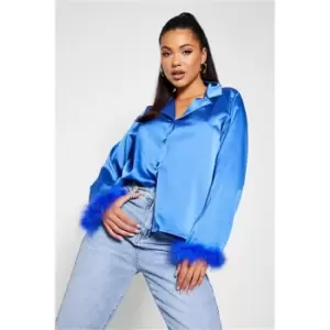 I Saw It First Cobalt Blue Satin Feather Cuffed Shirt - Blue