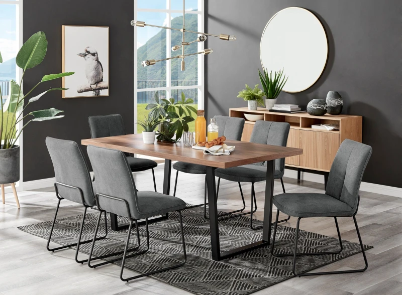 Image of FurnitureboxUK FurnitureboxUK Kylo Large Brown Wood Effect Dining Table & 6 Cream Halleyy Fabric Chairs in Dark Grey Dark Grey One Size Unisex 5056657