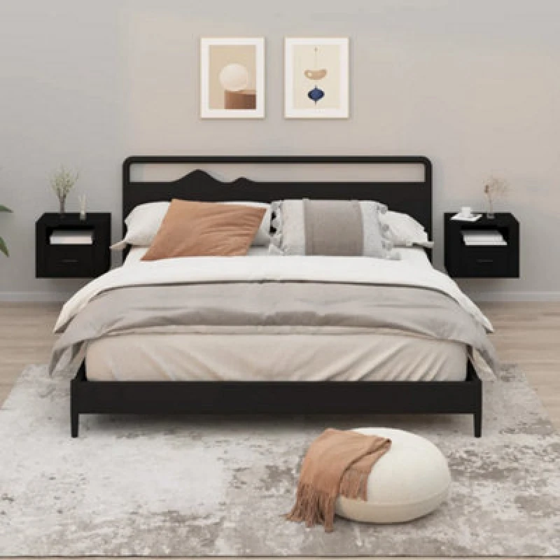 Image of Vidaxl 2X Wall-mounted Bedside Cabinets Bedroom Floating Bedside Wall Unit Floating Nightstand Wall Bedside Cabinet For Next To Bed Black 50X36X40 Cm,