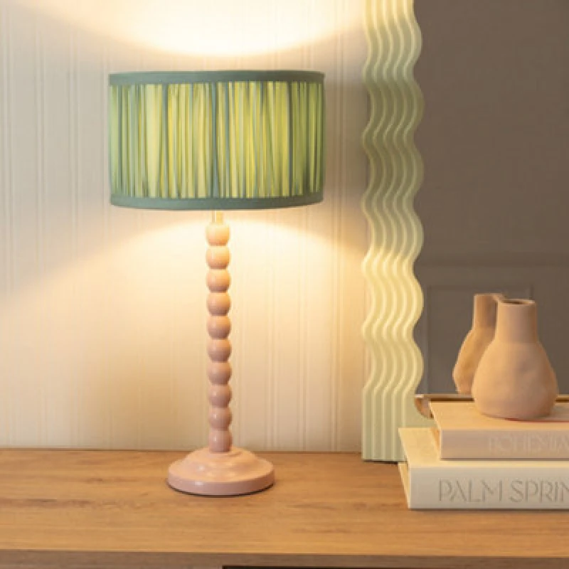 Image of Valuelights Bobbins Painted Rose Table Lamp With Ruched Pleated Green Drum Lamp Shade And LED Bulb