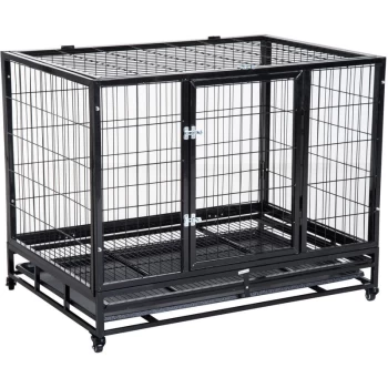 image of 43' Heavy Duty Metal Dog Kennel Pet Cage with Crate Tray and Wheels - Black (Large) - Pawhut