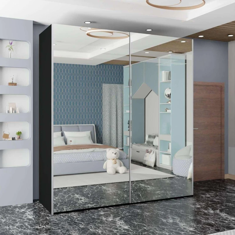 Image of Sliding Wardrobes 4U Full Mirror Double/Triple Mirror Wardrobe 200cm X 217cm in Black Size: 200cm X 217cm Black Unisex 200cm X 217 cm
