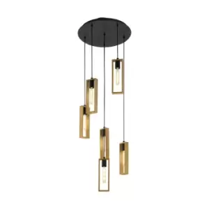 Image of Hanging Ceiling Pendant Light Black & Wood 6 Bulb Multi Lamp Hallway Feature