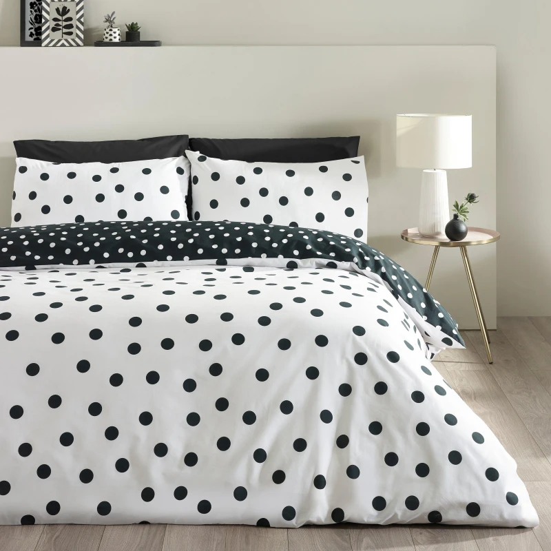Image of Catherine Lansfield Polka Dot Duvet Cover Bedding Set Black White