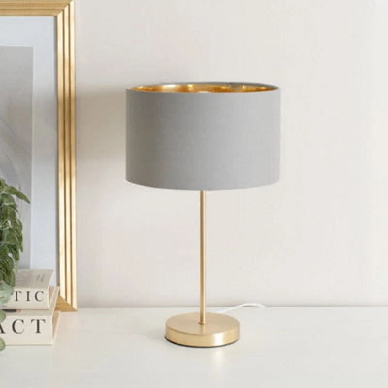 Image of ValueLights ValueLights Charlie Gold Stem Table Lamp with Fabric Drum with Gold Inner Lamp Shade in Grey Grey One Size Unisex 5059406060700