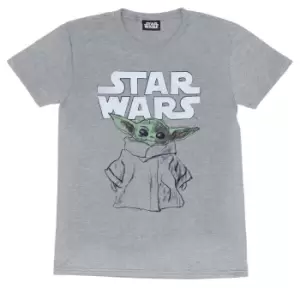 image of Star Wars: The Mandalorian Mens The Child Sketch T-Shirt (M) (Heather Grey)