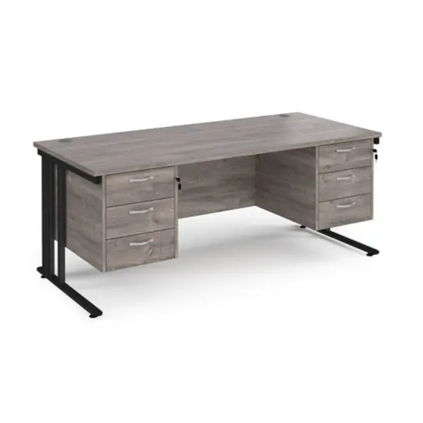 image of Maestro 25 straight desk 1800mm x 800mm with two x 3 drawer pedestals - Black cable managed leg frame, grey oak top