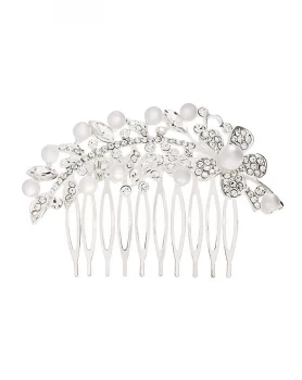 image of Mood Silver Plated Crystal Pearl Floral Hair Comb - white