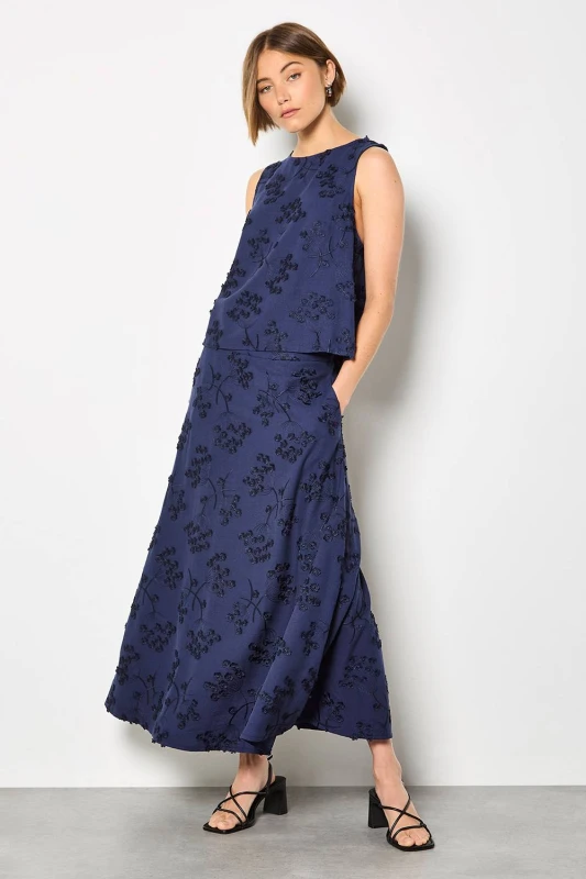 Image of Apricot Womens Embroidered Floral Linen Blend Midaxi Skirt in Navy Size: 14 Navy Female 14