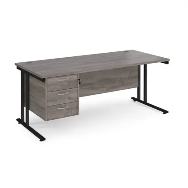 Image of Maestro 25 straight desk 1800mm x 800mm with 3 drawer pedestal - Black cantilever leg frame, grey oak top