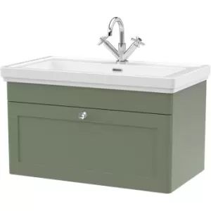 image of Nuie Classique Wall Hung 1-Drawer Vanity Unit with Basin 800mm Wide Satin Green - 1 Tap Hole