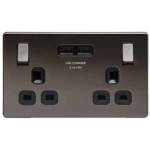 British General Nexus Black Nickel Switched Double Socket + 2x USB Port Insert