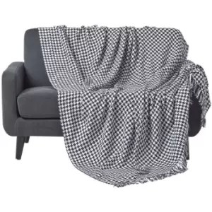 Image of Black Houndstooth 100% Cotton Bedspread Throw, 225cm x 255cm - Black - Homescapes