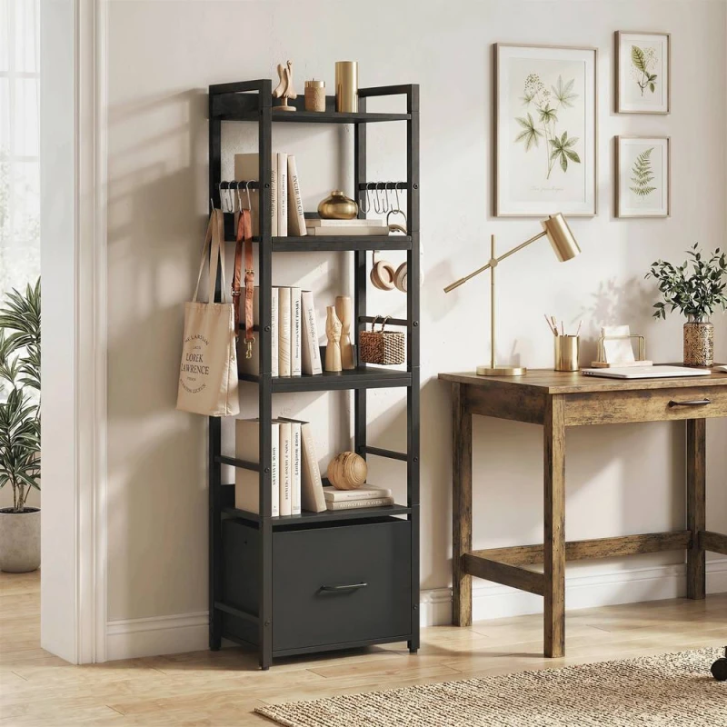 Image of HOMCOM 4-Tier Bookshelf, Shelving Unit with Drawer, 8 Hooks in Black Unisex