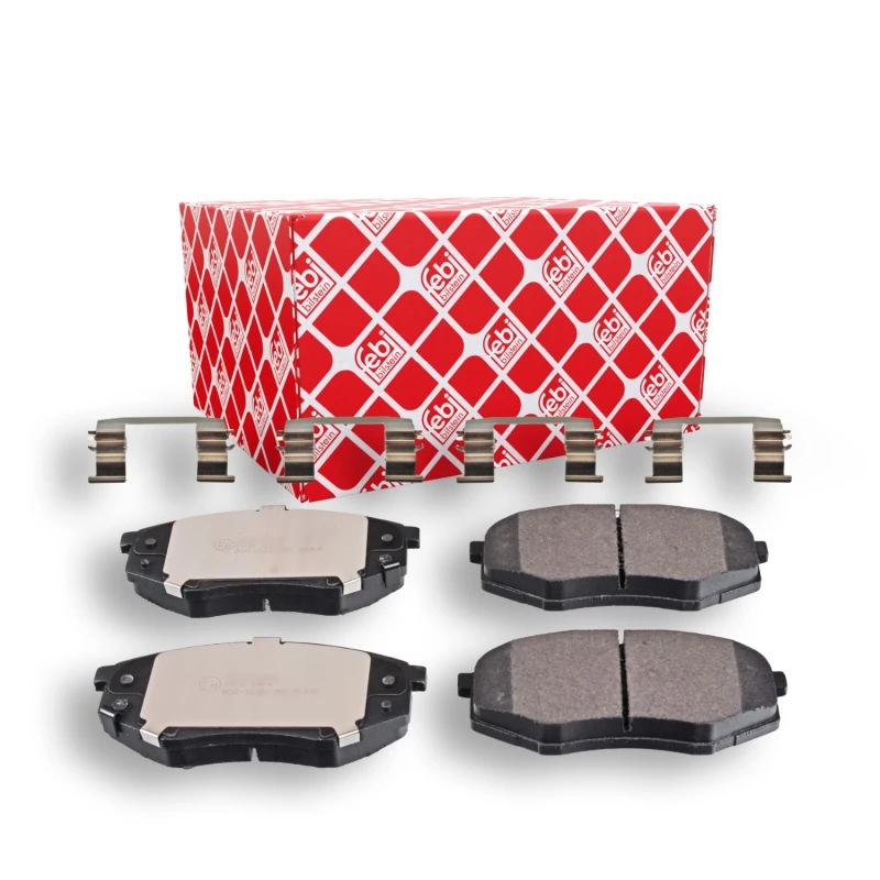 Image of FEBI BILSTEIN 116415 Brake pad set Front Axle, with acoustic wear warning, with staples Brake Pad Set,disc brake (402)