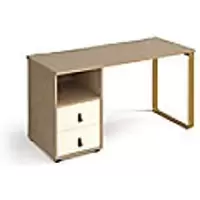 image of Rectangular Sleigh Frame Desk Kendal Oak Wood, Metal Sleigh Legs Brass Cairo 1400 x 600 x 730mm 2 Drawer Pedestal