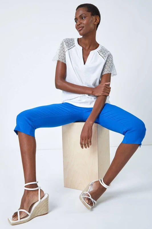 Image of Roman Womens Cropped Stretch Trouser Capri Summer Leggings 3/4 Pedal Pushers in Blue Size: 12 Blue Female 12