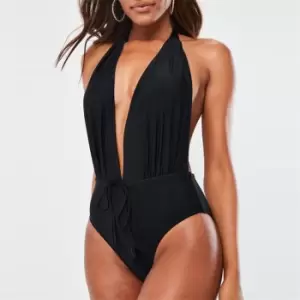 image of Missguided Deep Plunge Backless Swimsuit - Black