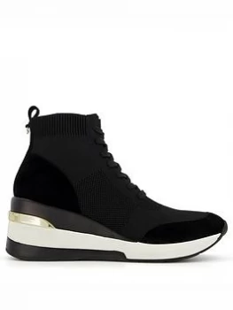 Image of Dune London Enlicia Lace Up Flyknit Wedge Trainer - Black, Size 5, Women