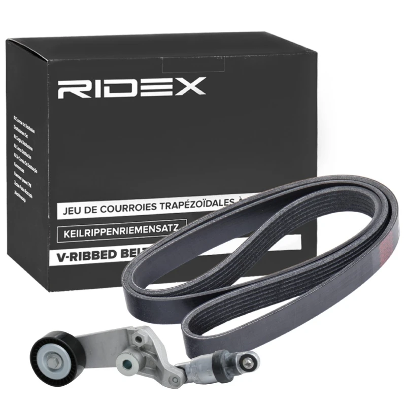 Image of RIDEX 542R1003 V-ribbed belt set with tensioner arm, tensioner pulley V-Ribbed Belt Set (542)