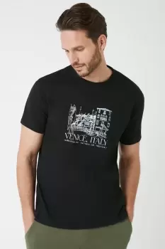 Image of Mens Black Slim Fit Venice Print T-Shirt