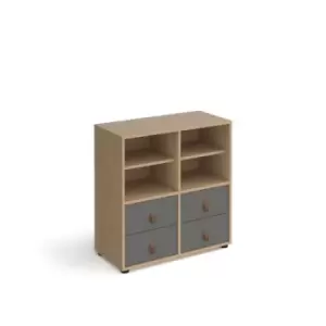 image of Universal cube storage unit 875mm high on glides with 2 matching shelves and 2 sets of drawers - oak with grey inserts