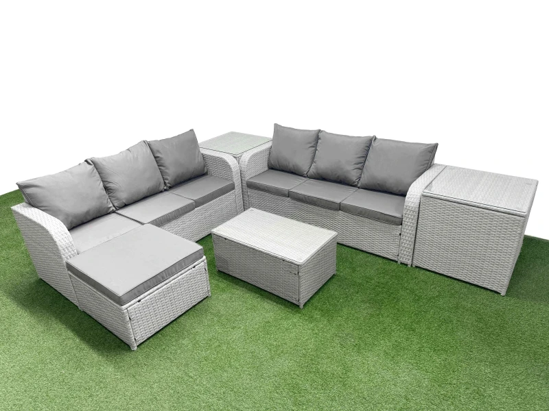 Image of Fimous Outdoor Garden Furniture Sets 7 Seater Wicker Rattan Furniture Sofa Sets with Rectangular Coffee Table high Back Lounge Sofa Big Footstool 2 Si
