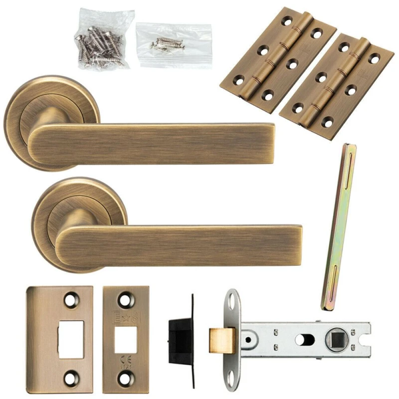 Image of Loops Door Handle & Latch Pack Antique Brass Rectangular Lever Screwless Round Rose Metallics