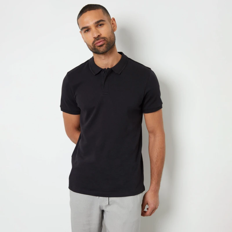 Image of Threadbare Cotton Polo Shirt With Herringbone Detail Collar - Black S
