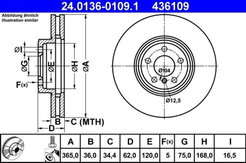 Image of ATE 24.0136-0109.1 Brake disc Vented, Coated, High-carbon, with bolts/screws Brake Disc (82)