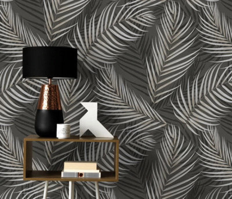 Image of Erismann Elegant Palm Leaves Textured Vinyl Wallpaper In Black And Silver