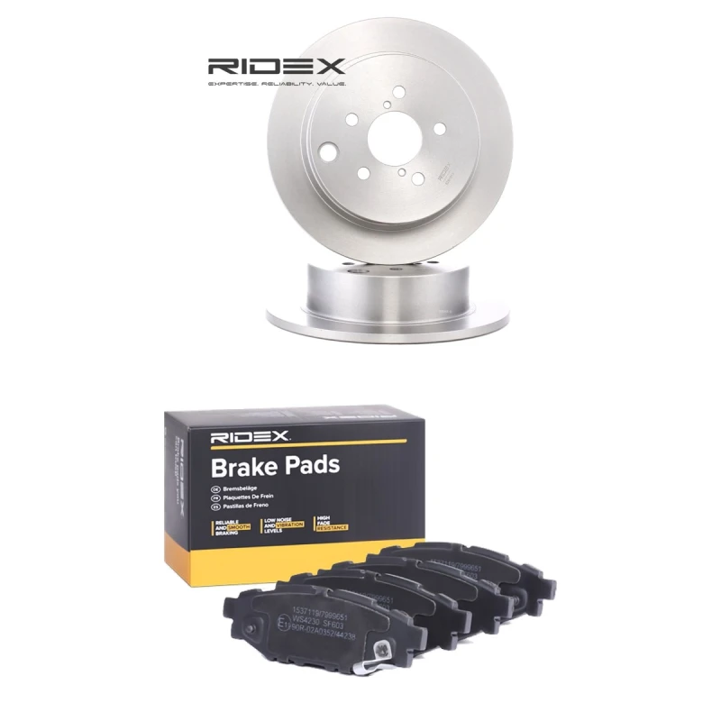 Image of RIDEX 3405B3326 Brake disc and pads set Rear Axle, Brake Disc Type: Solid, with acoustic wear warning Brake Set,disc brakes (3405)