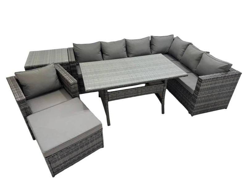 Image of Fimous 8 Seater Patio Dining Corner Sofa Sets with Chair Big Stool Side Table in Dark Grey Dark Grey Unisex